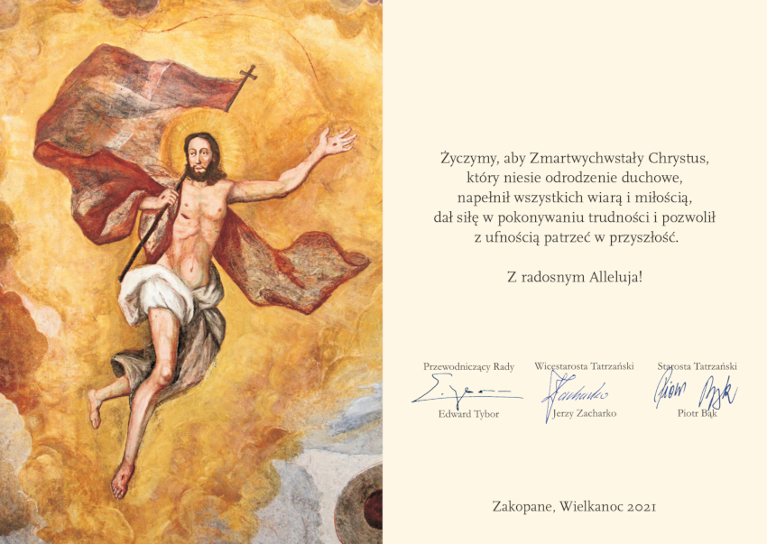 Zdjęcie przedstawia Jezusa Zmartwychwstałego, w drugiej sekcji obrazka znajduja się życzenia Wielkanocne z podpisami Starostów oraz Przewodniczącego Rady Powiatu
